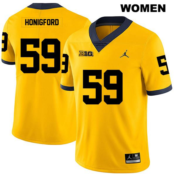 Women's NCAA Michigan Wolverines Joel Honigford #59 Yellow Jordan Brand Authentic Stitched Legend Football College Jersey LC25G33HM